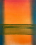 Abstract art with a green horizontal line on a multicolored background