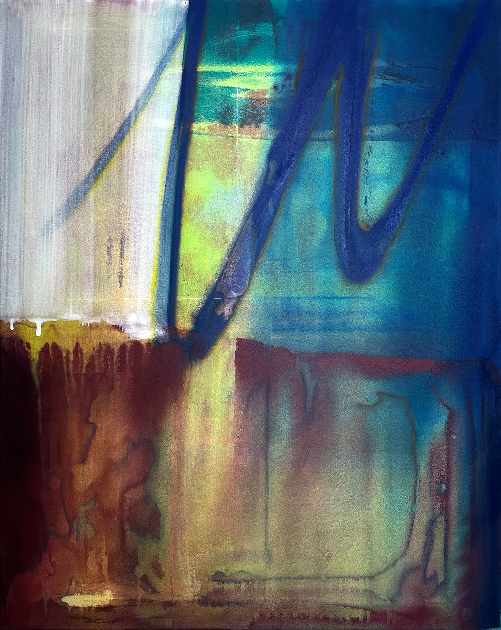 Abstract painting with blue, yellow, and brown colors