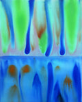 Abstract art with blue, green, and orange colors on a textured surface