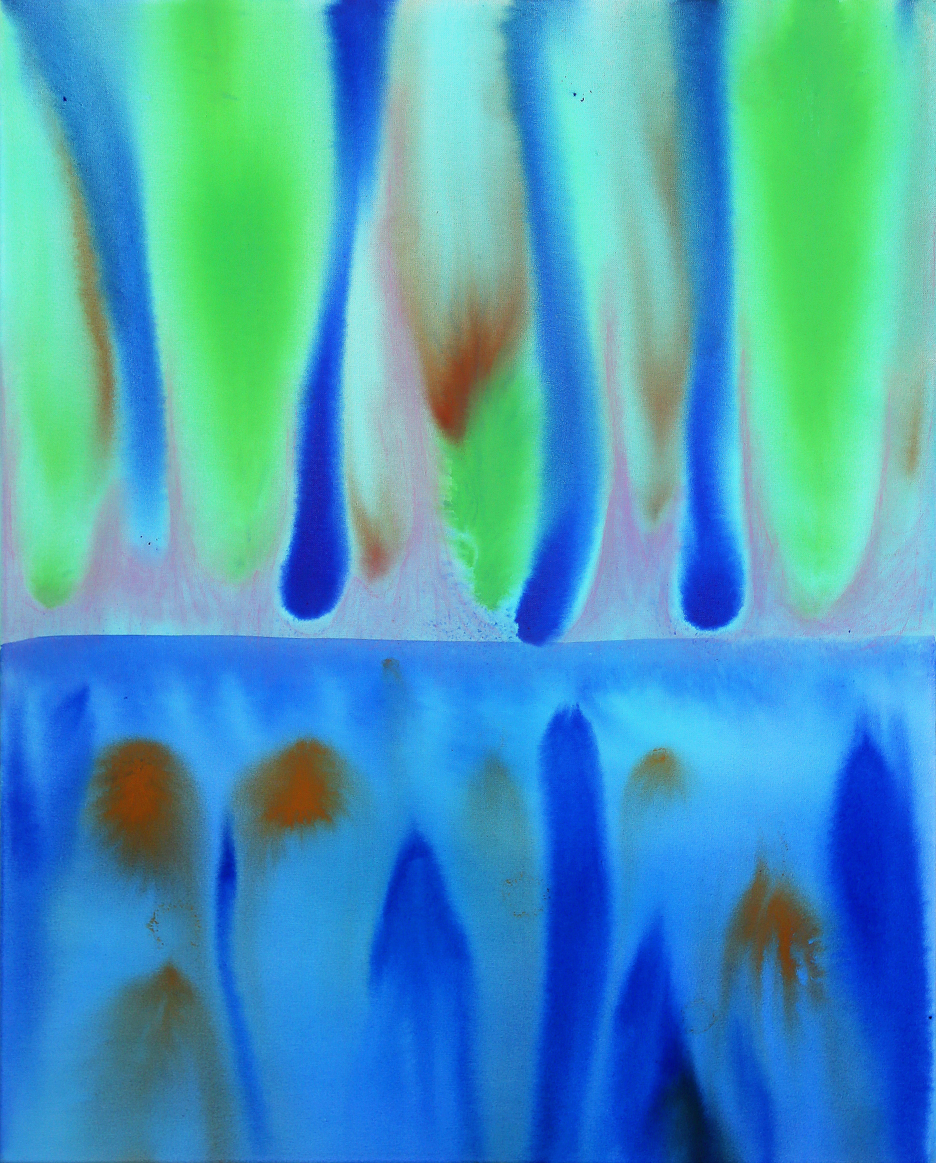 Abstract art with blue, green, and orange colors on a textured surface