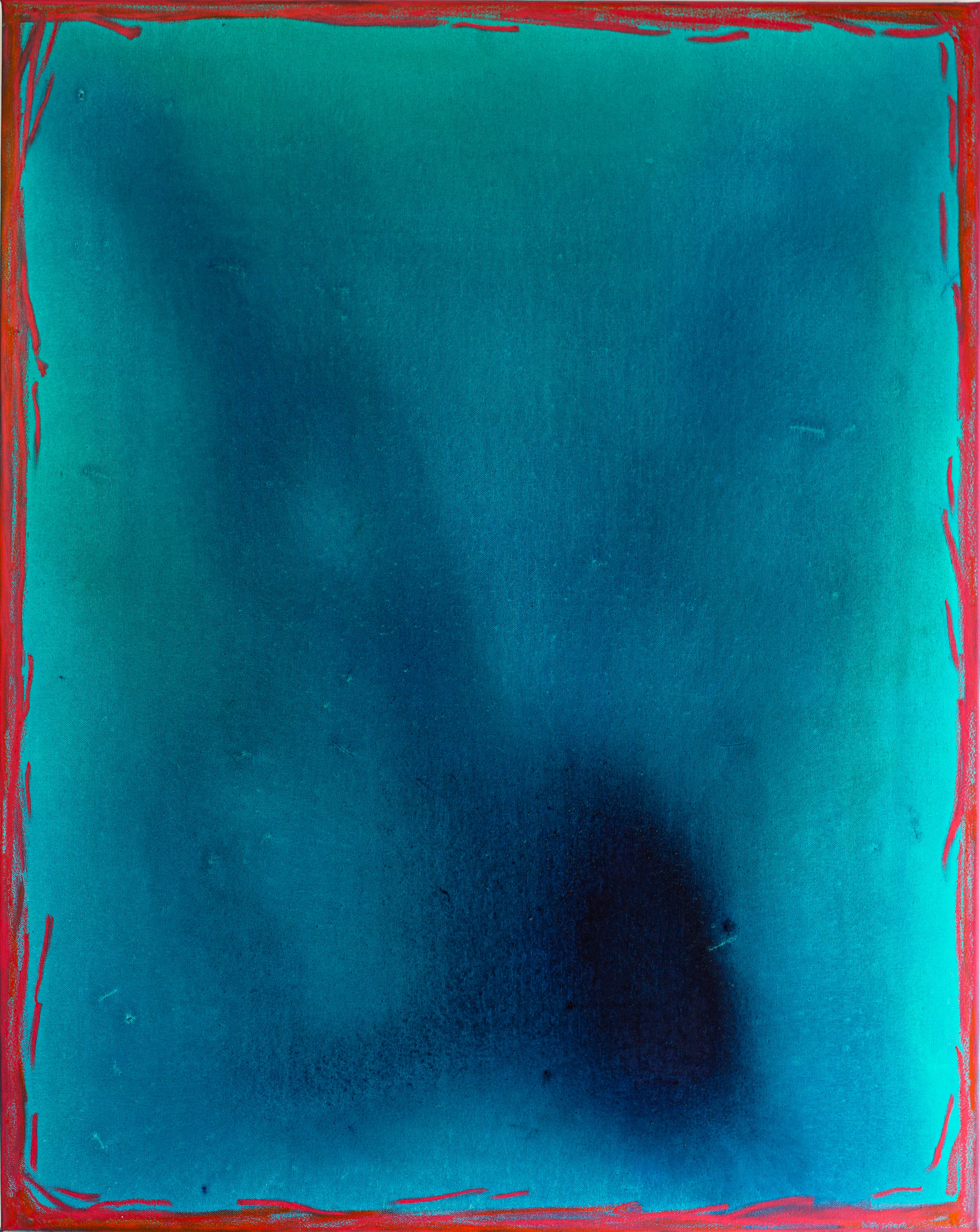 Abstract artwork with a blue background and red border