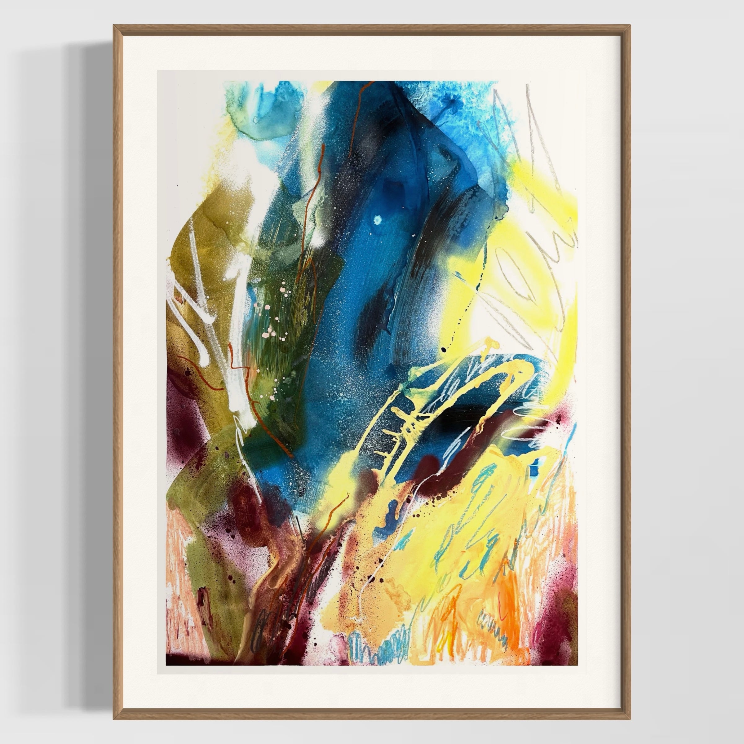 Abstract Painting N131 – Expressive Mixed-Media Artwork on Paper in frame