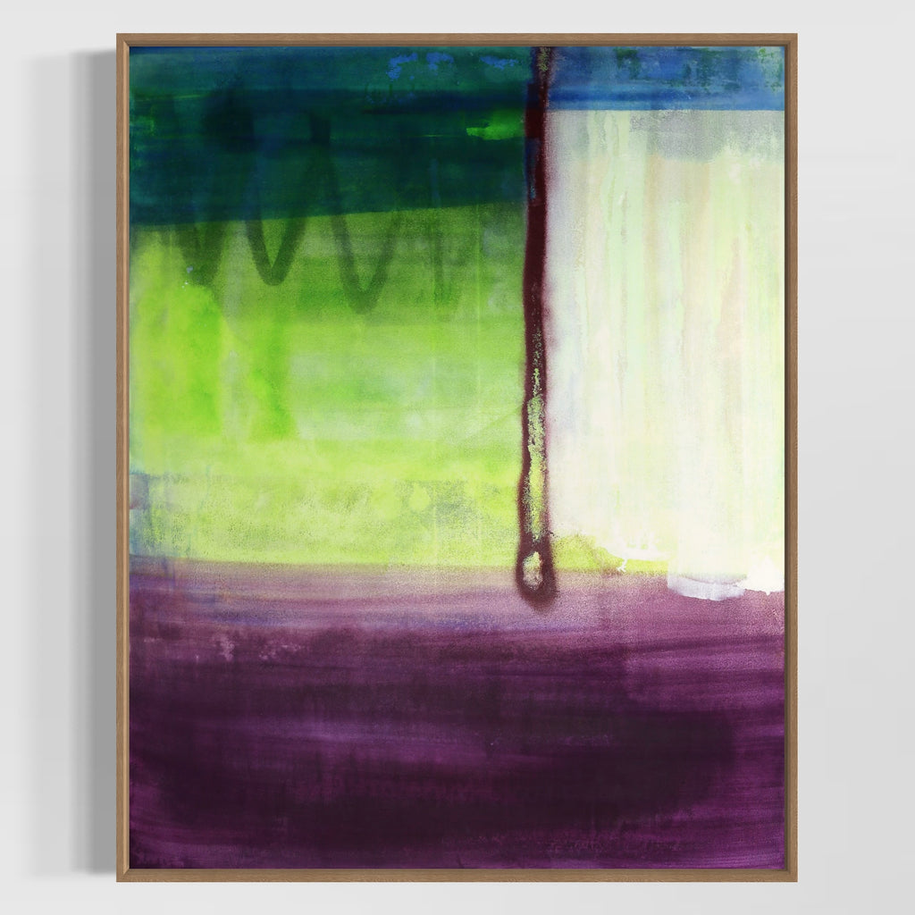 Abstract painting with green, purple, and white colors on a white background
