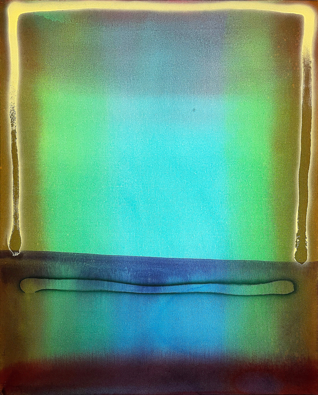 Gradient color swatch with green, blue, and purple hues on a yellow border.