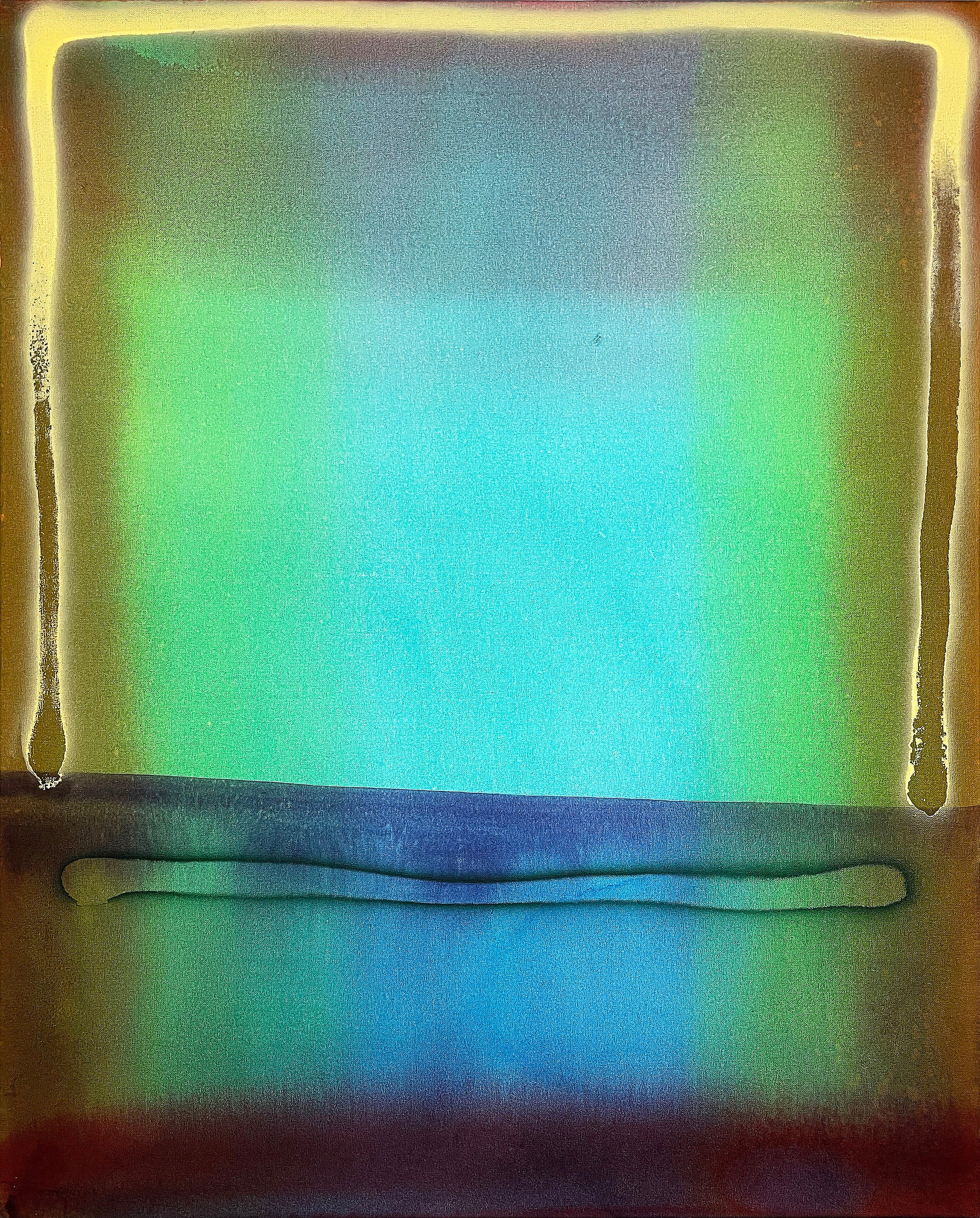 Gradient color swatch with green, blue, and purple hues on a yellow border.