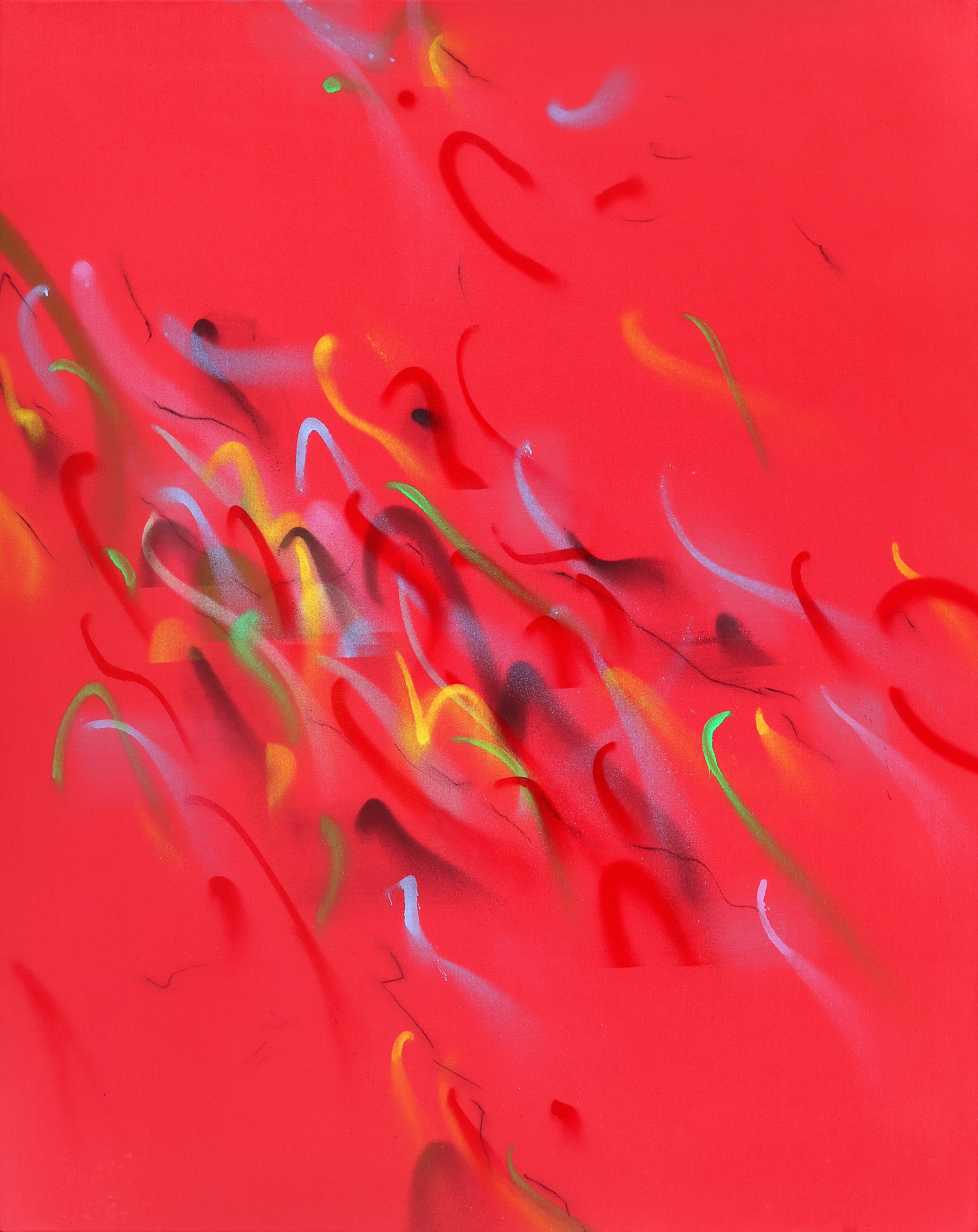 Abstract art with colorful brush strokes on a red background