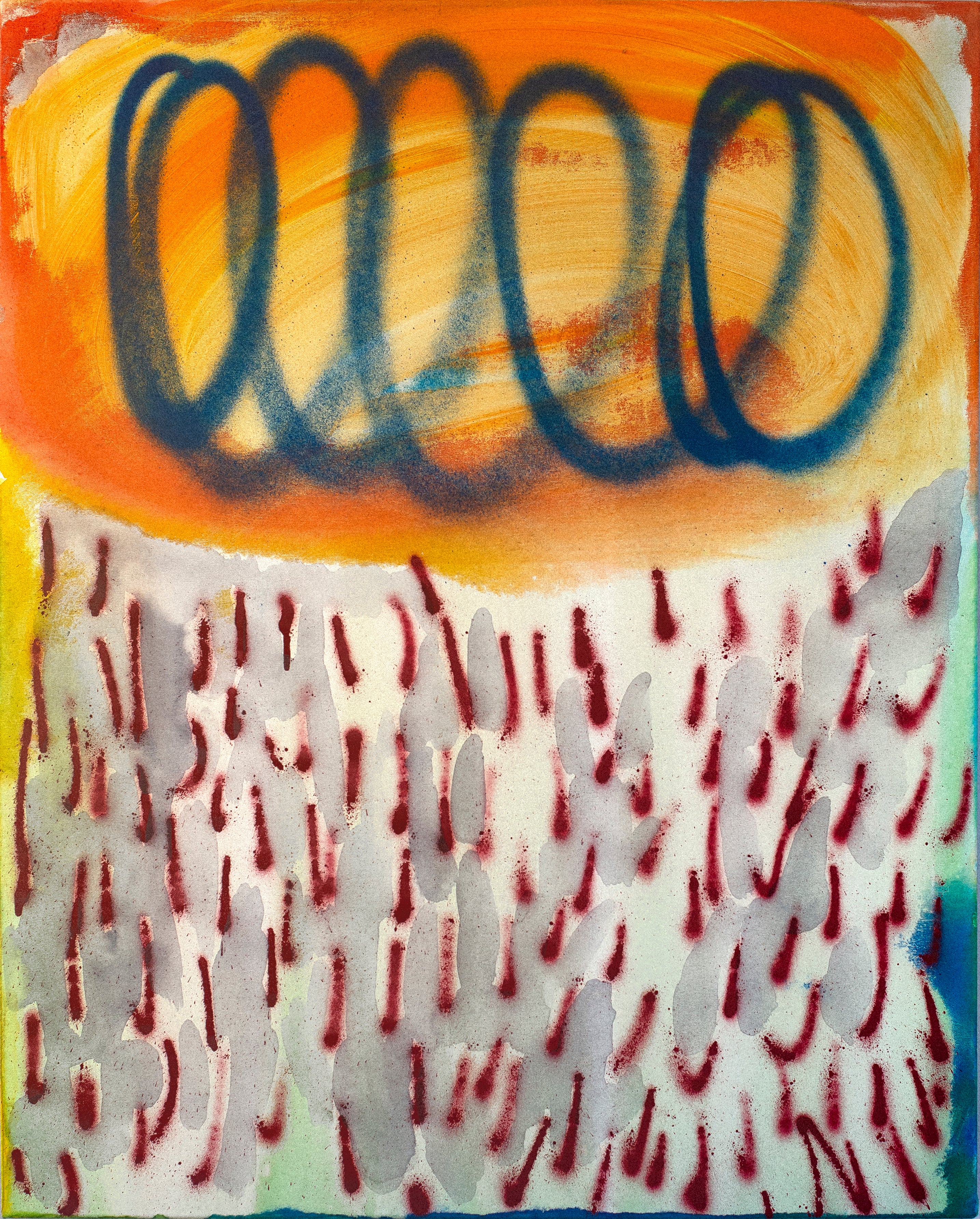 Abstract artwork with blue loops on a yellow and orange background