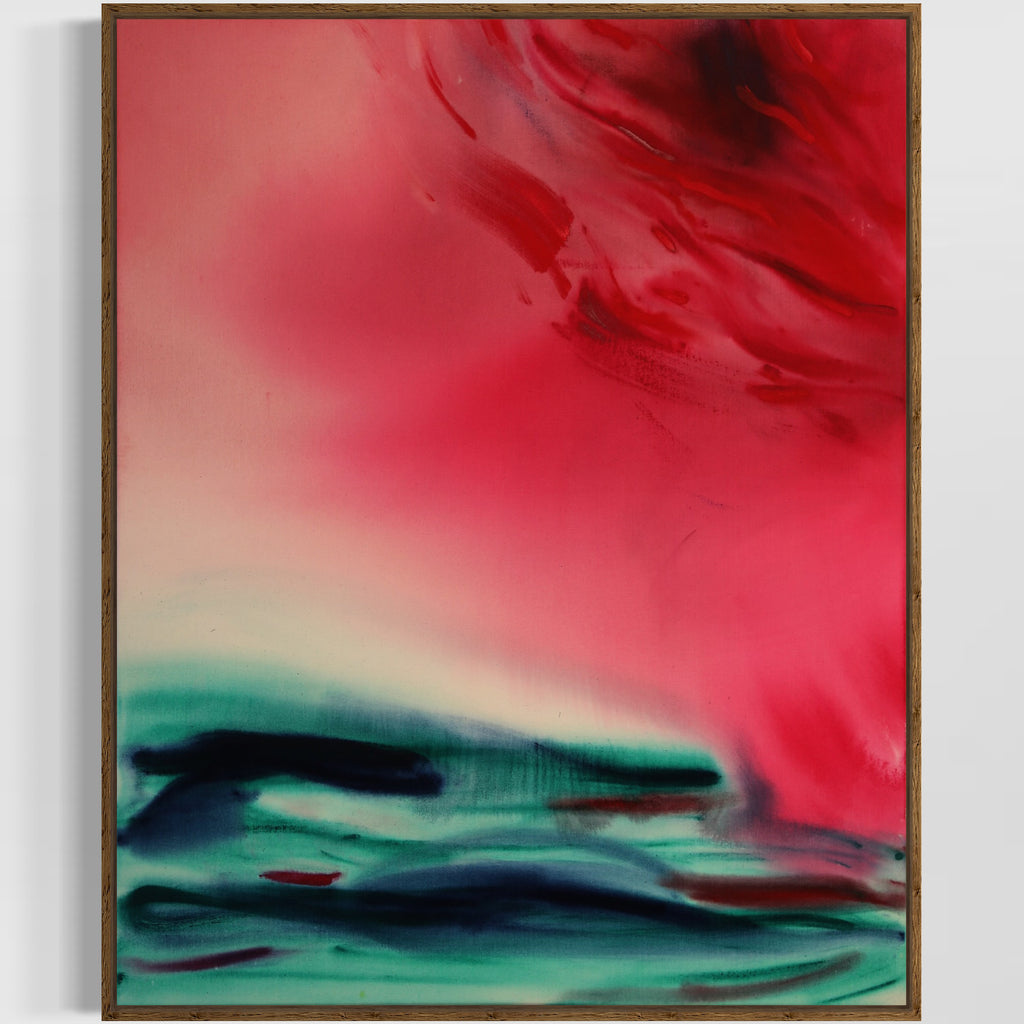Abstract art with red and green colors in a wooden frame