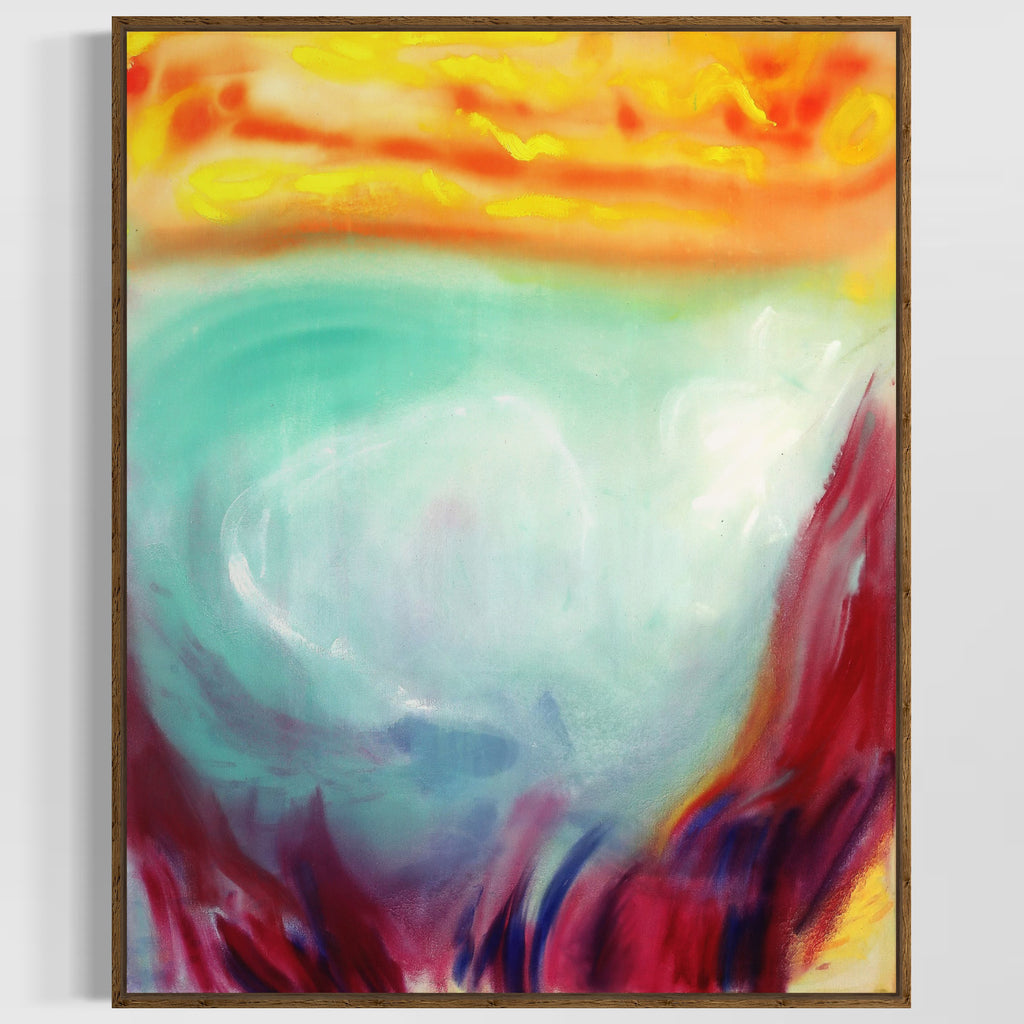 Abstract painting with swirling colors in a wooden frame.