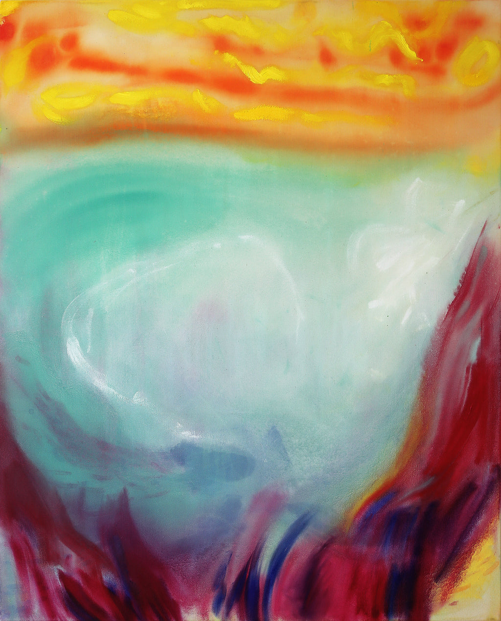 Abstract painting with vibrant colors and a central white area