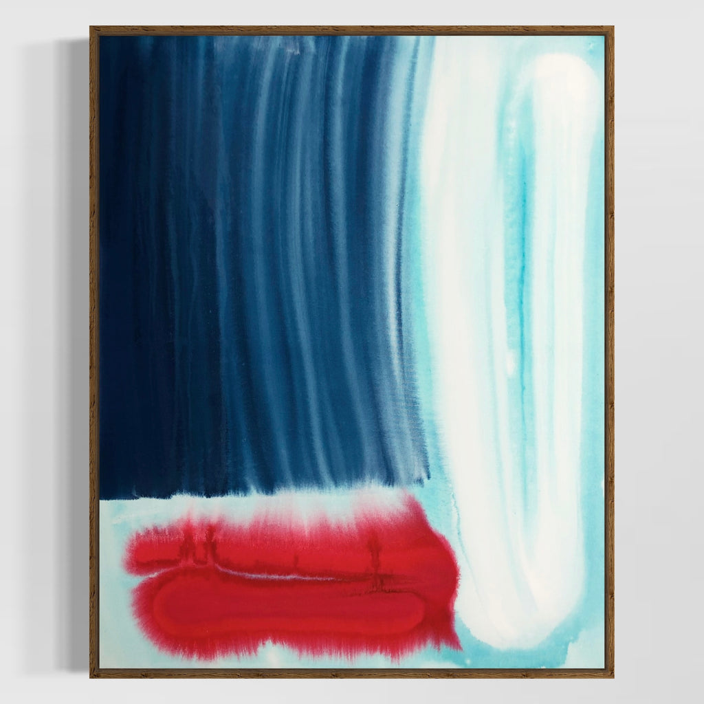 Abstract artwork with a red shape and blue and white background