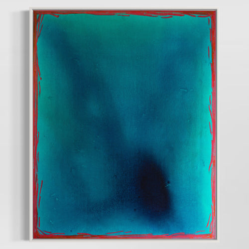 Abstract art piece with a teal background and red border on a white background