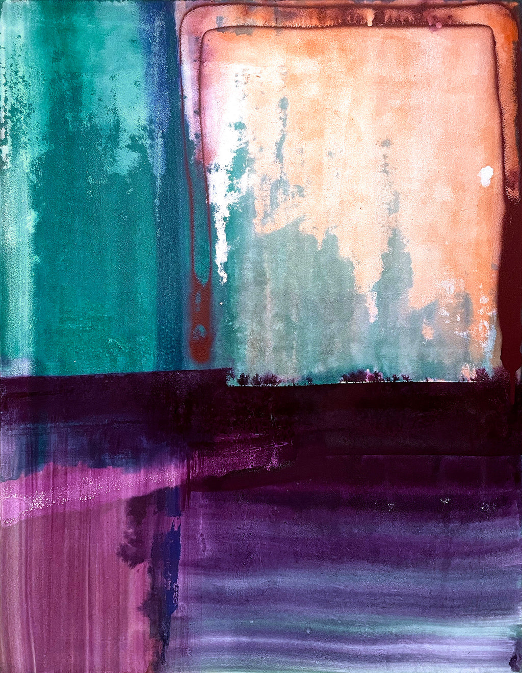 Abstract art with teal, purple, and orange colors