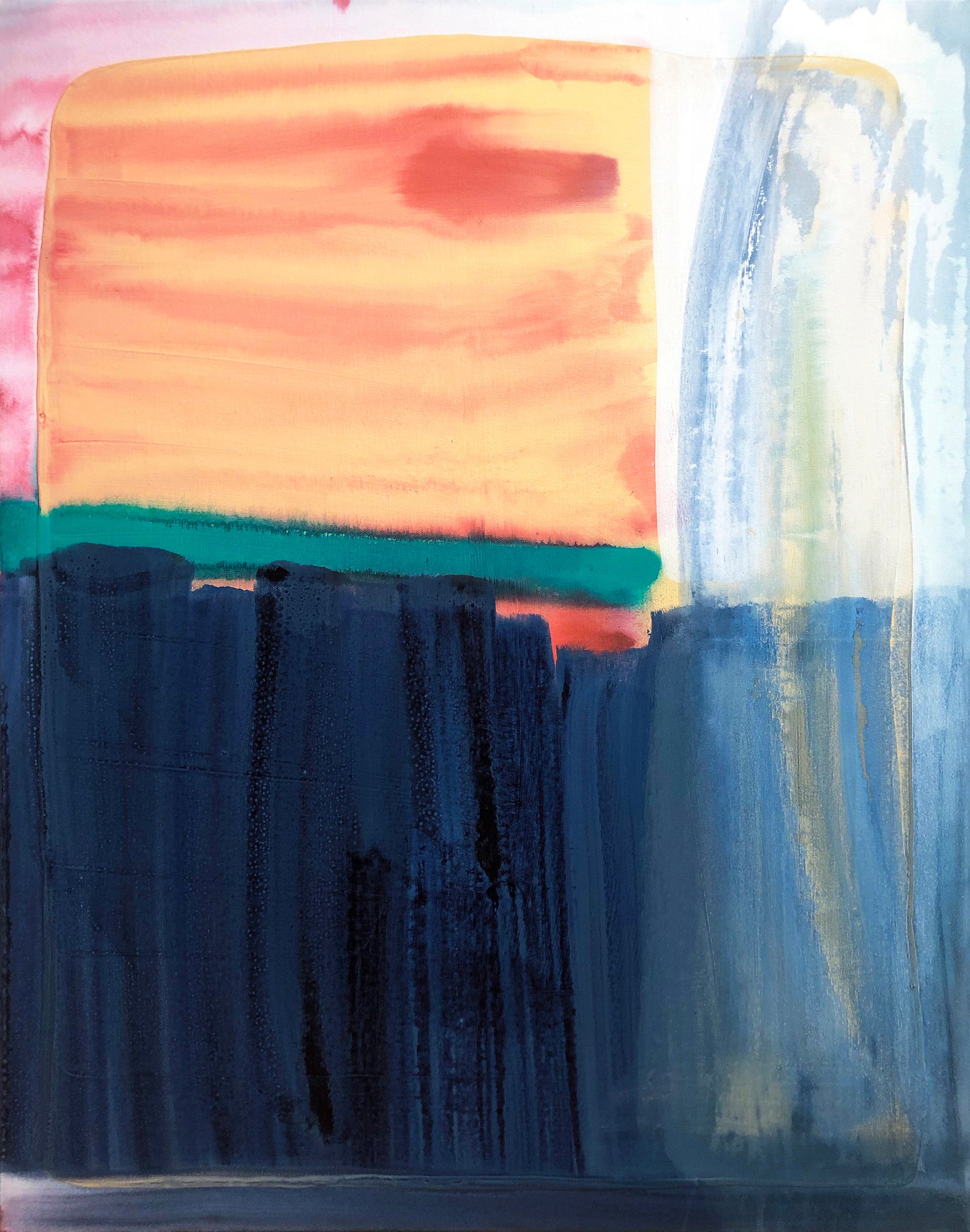 Abstract painting with horizontal stripes of pink, orange, green, and blue.