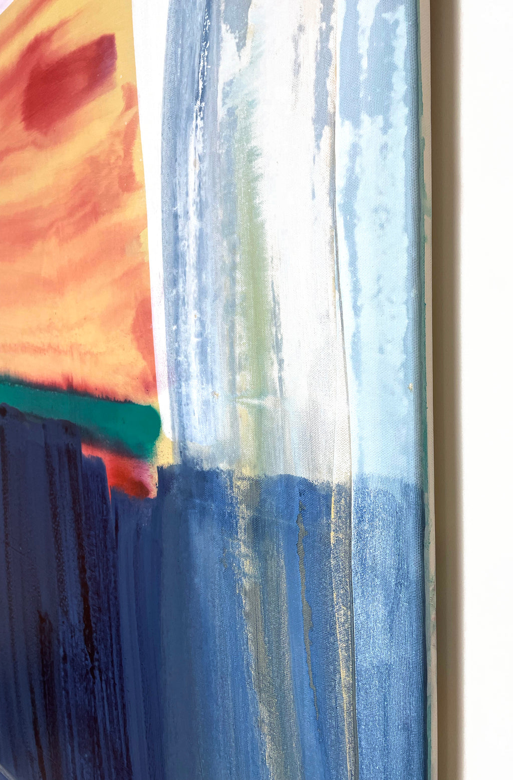 Abstract painting with vertical brush strokes in blue, green, and orange.