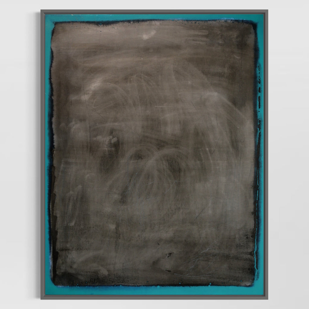 Abstract art piece with a textured surface and teal border on a light gray background