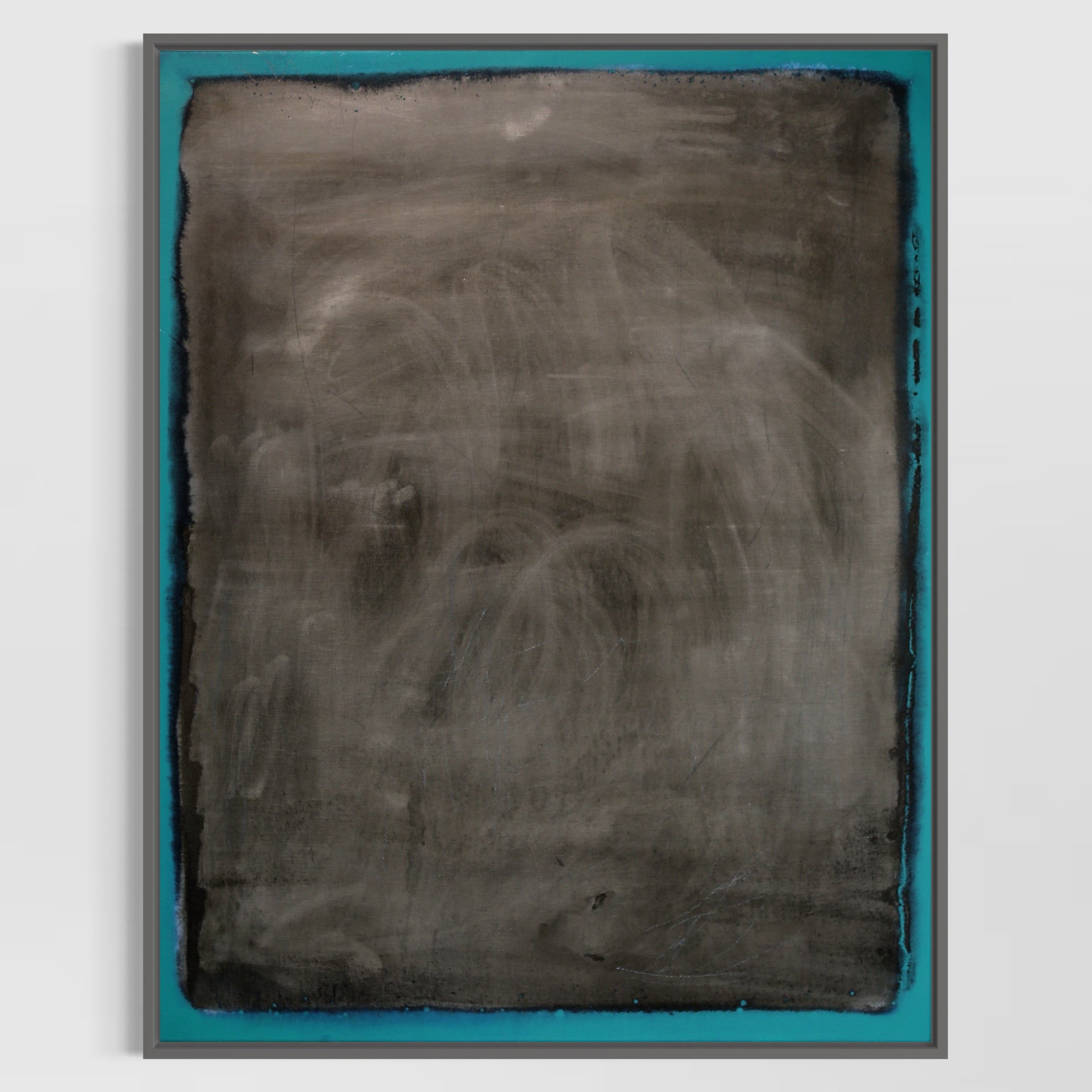 Abstract art piece with a textured surface and teal border on a light gray background