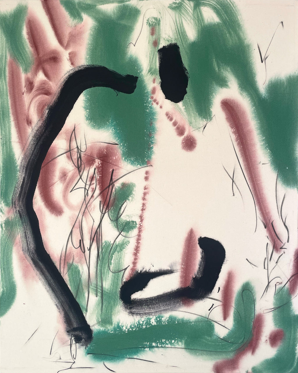 Abstract artwork with black, green, and pink brush strokes on a textured background