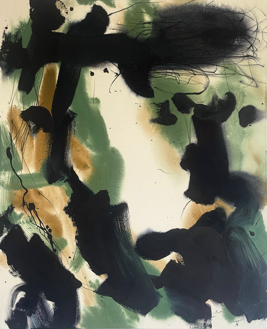 Abstract art piece with black and brown brush strokes on a textured background