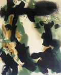 Abstract art piece with black and brown brush strokes on a textured background