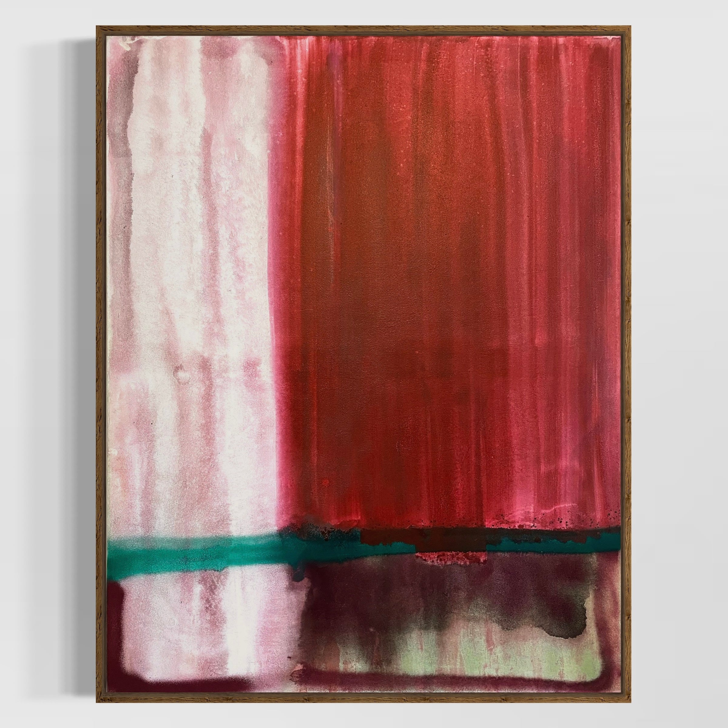 Abstract art piece with red, white, and green colors on a white background