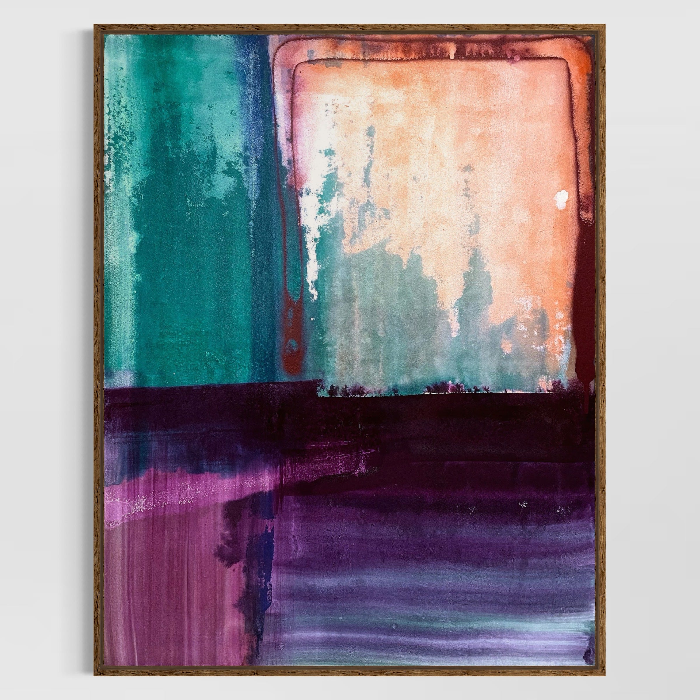 Abstract art painting with teal, orange, and purple colors on a white background