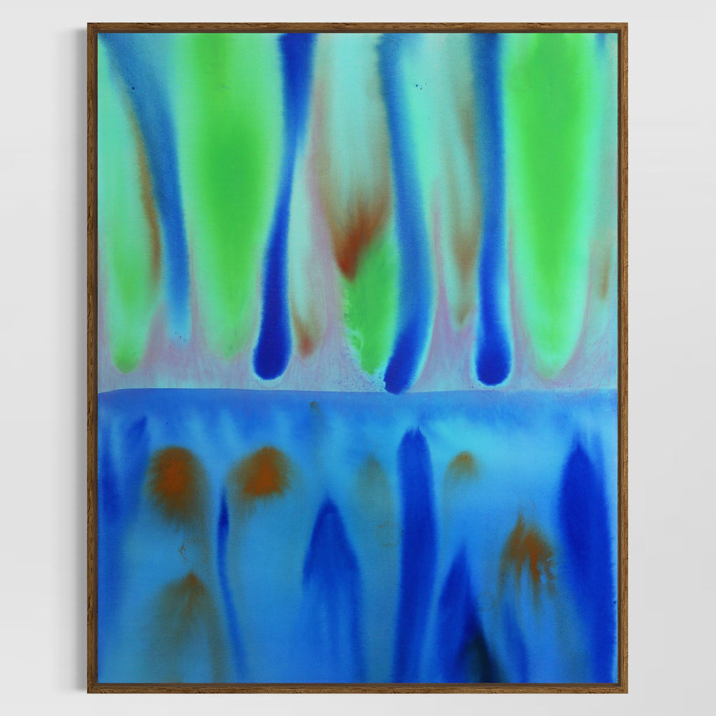 Abstract art with blue, green, and brown colors on a white background