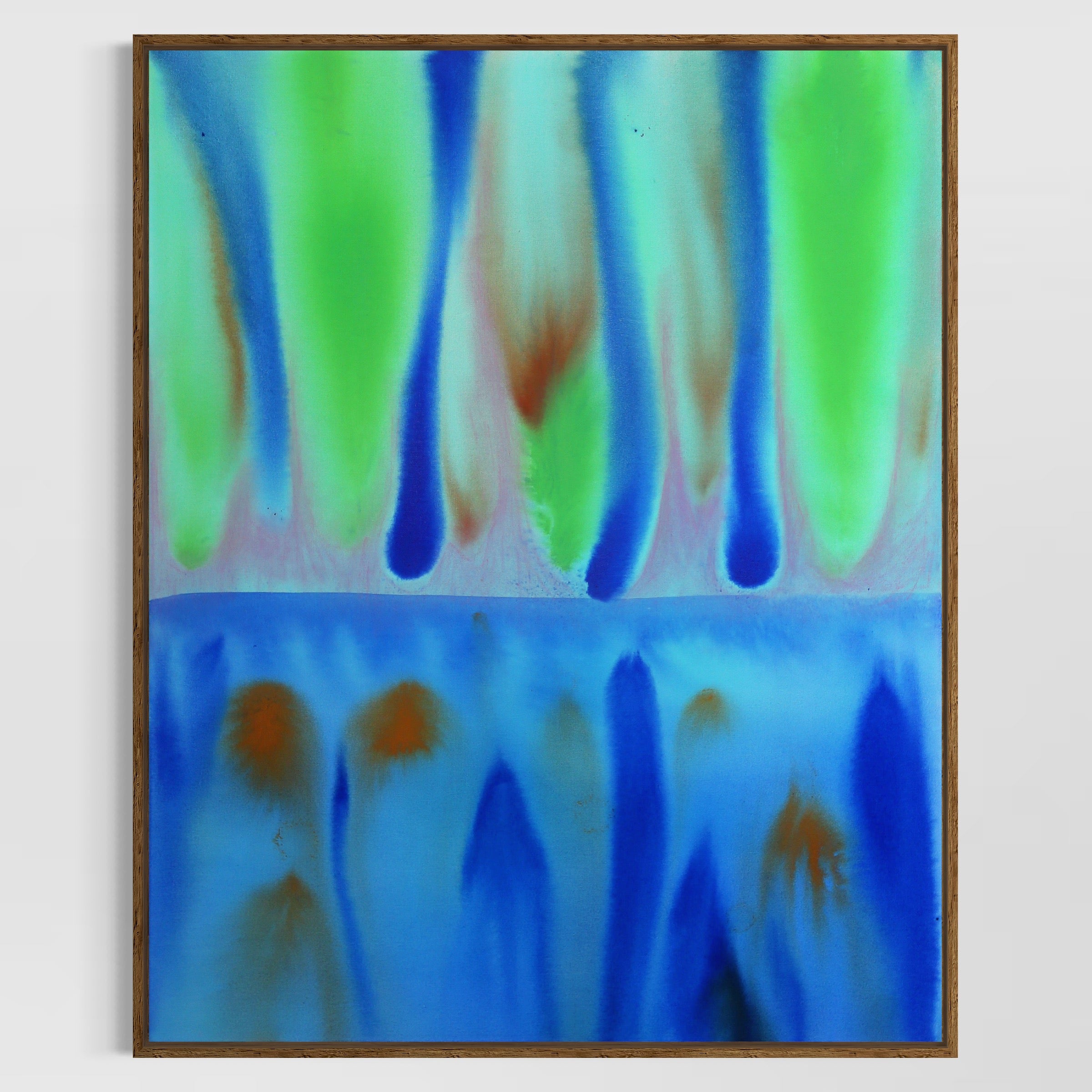 Abstract art with blue, green, and brown colors on a white background