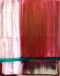 Abstract art with vertical brush strokes in red, white, and green.
