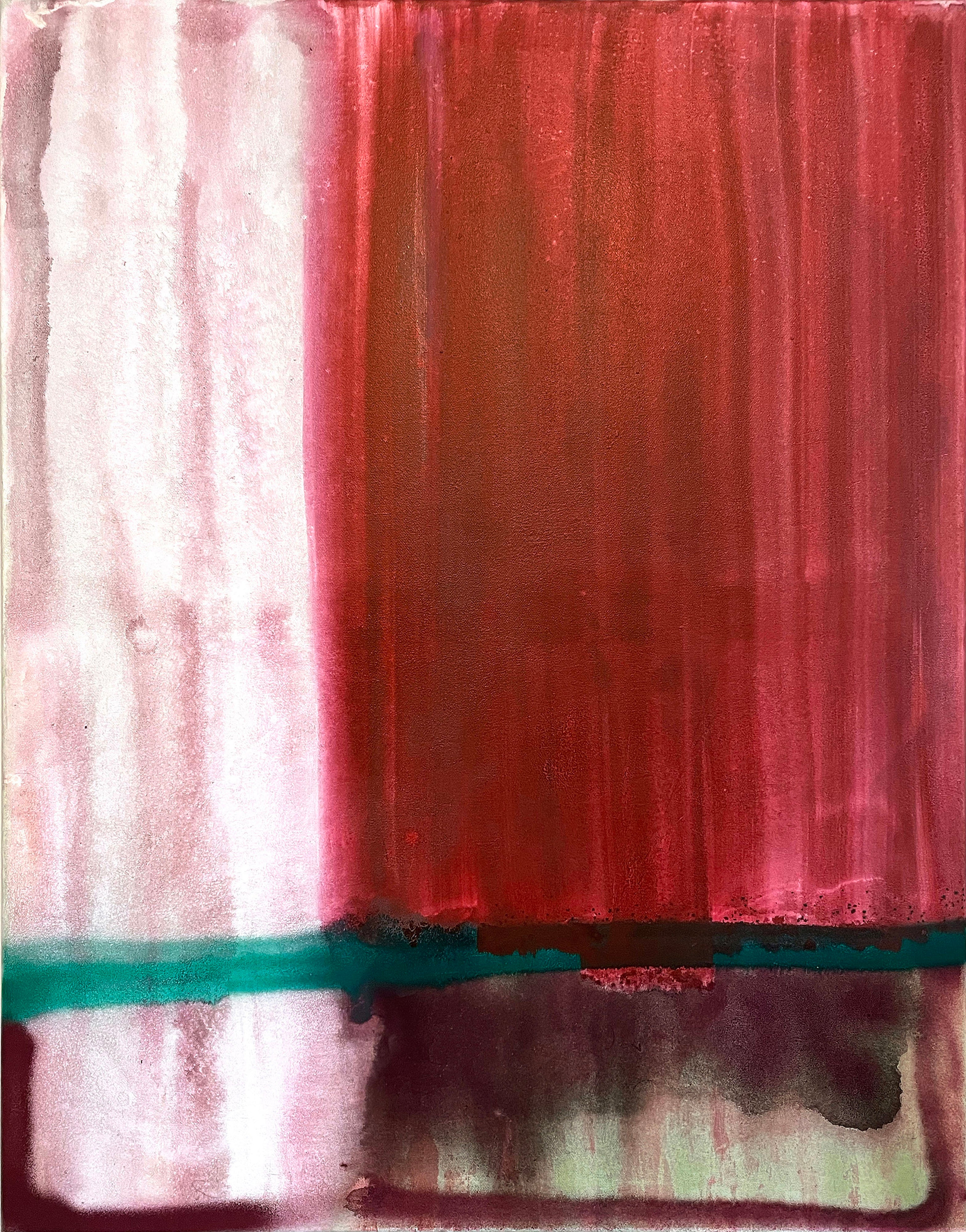 Abstract art with vertical brush strokes in red, white, and green.