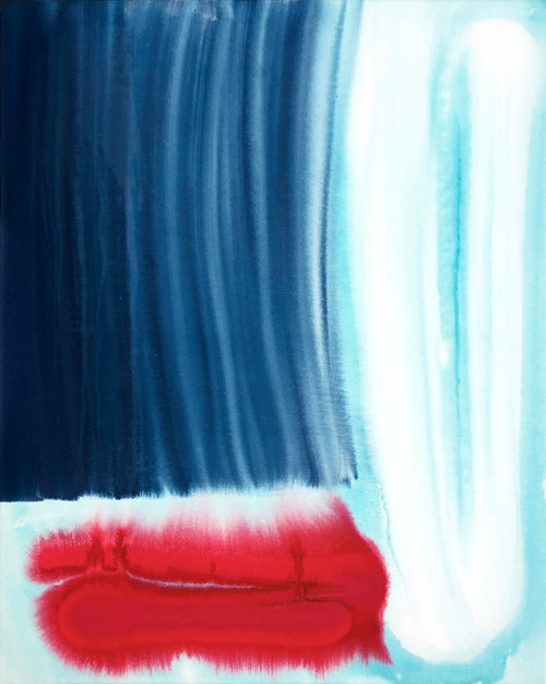 Abstract artwork with blue and red brush strokes on a white background