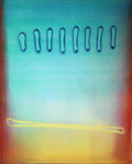 Abstract artwork with blue and yellow elements on a gradient background