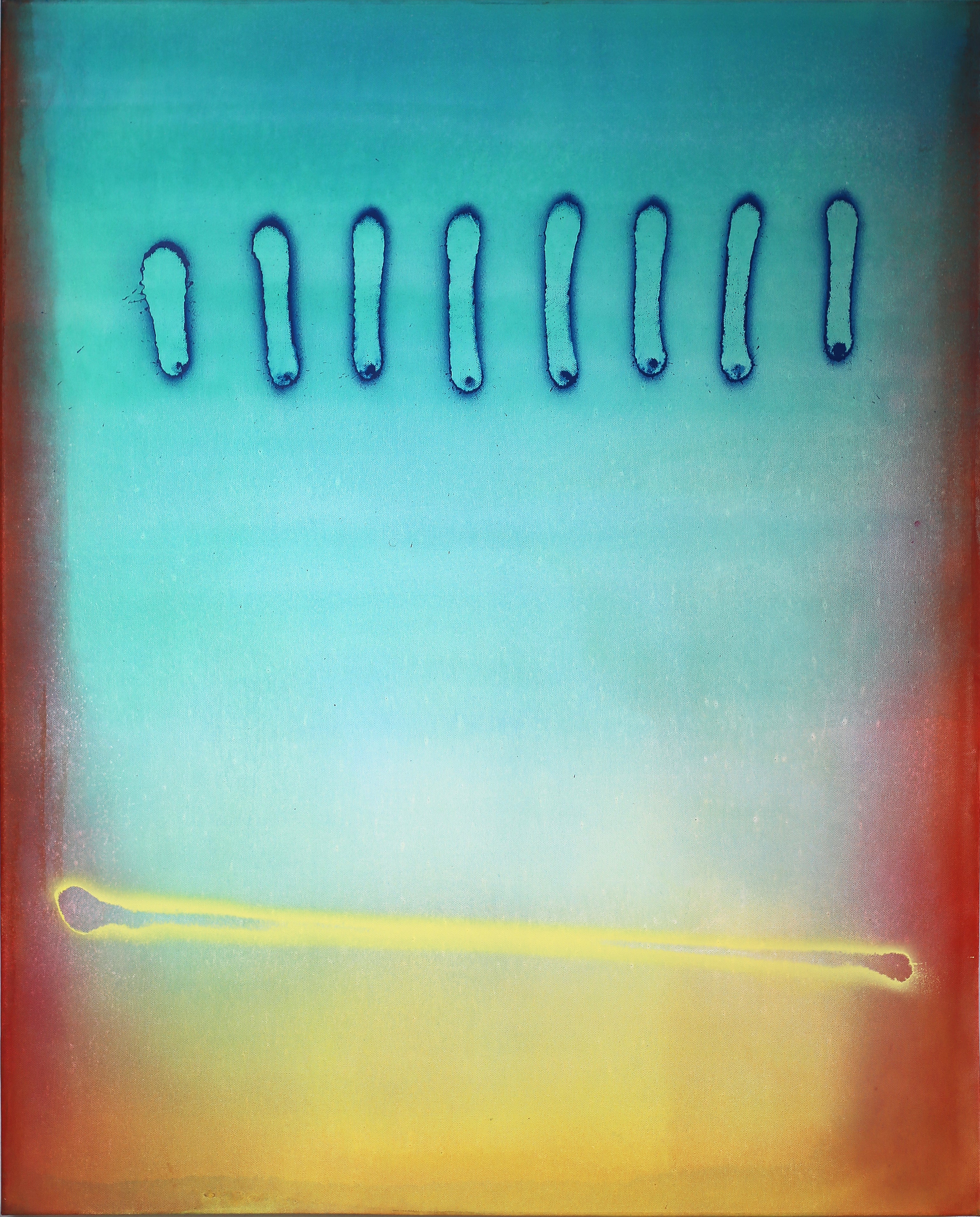 Abstract artwork with blue and yellow elements on a gradient background