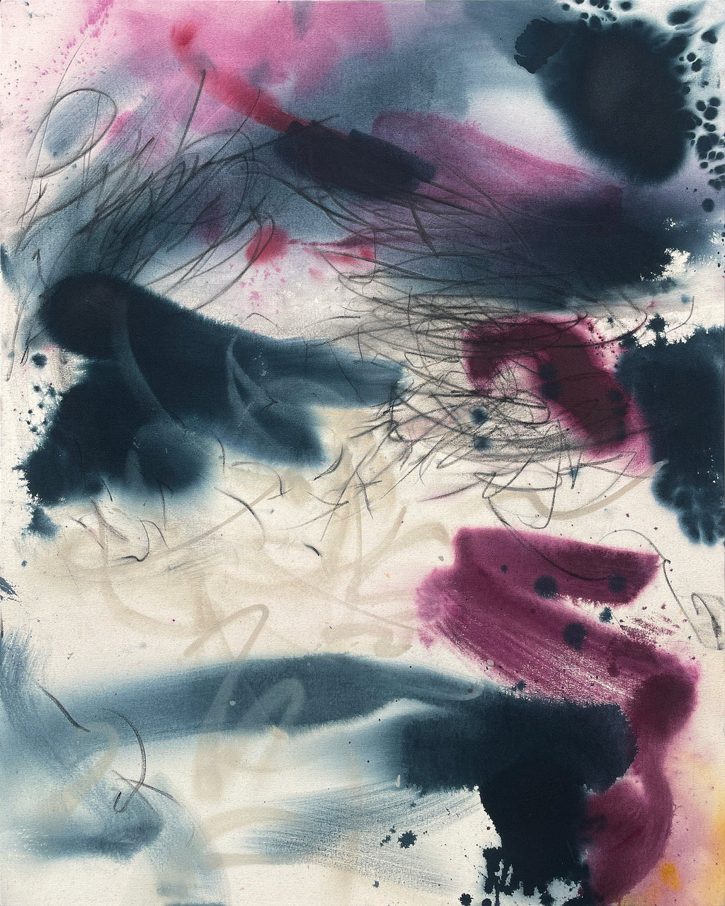 Abstract art with black, pink, and red brush strokes on a light background