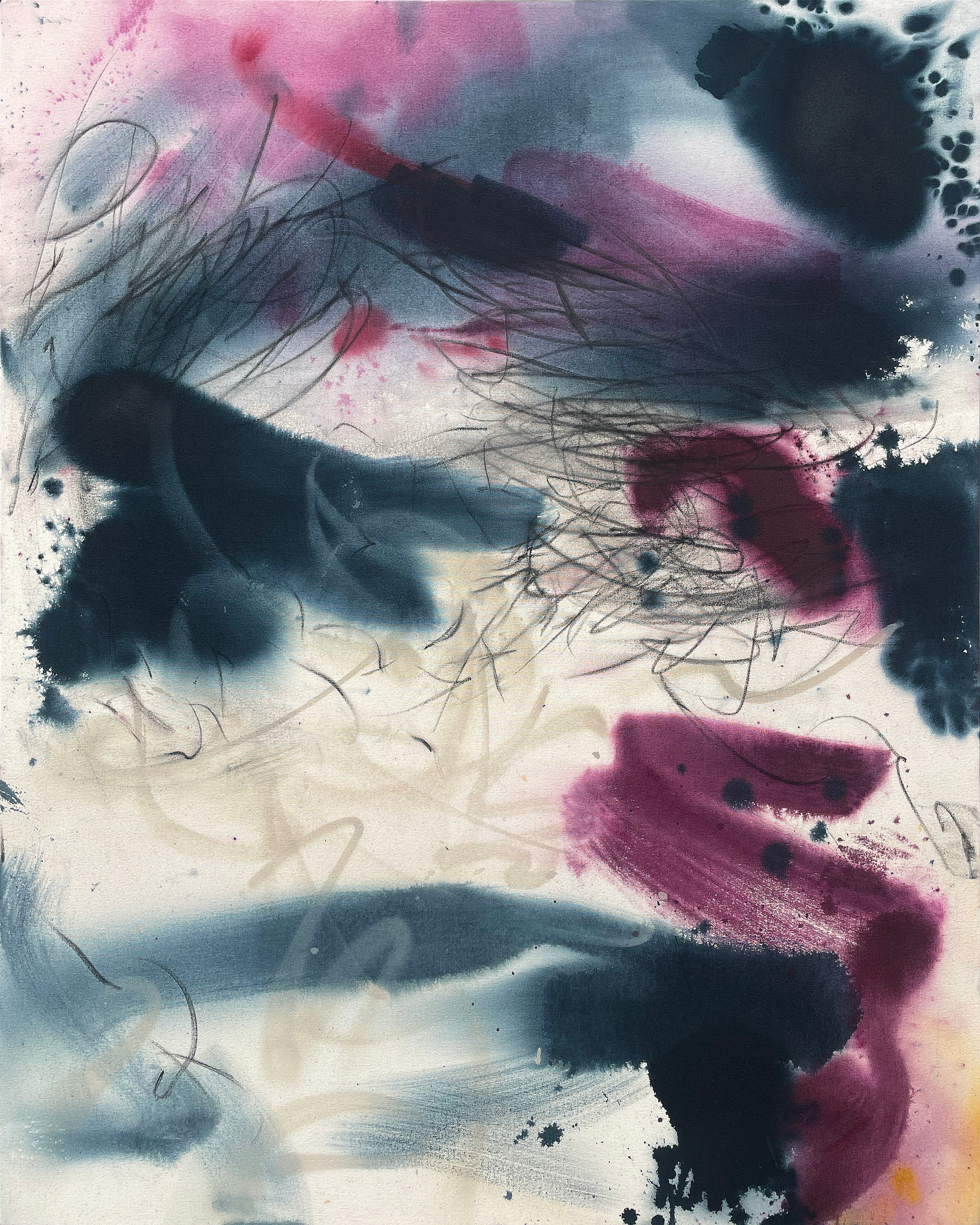 Abstract art with black, pink, and red brush strokes on a light background