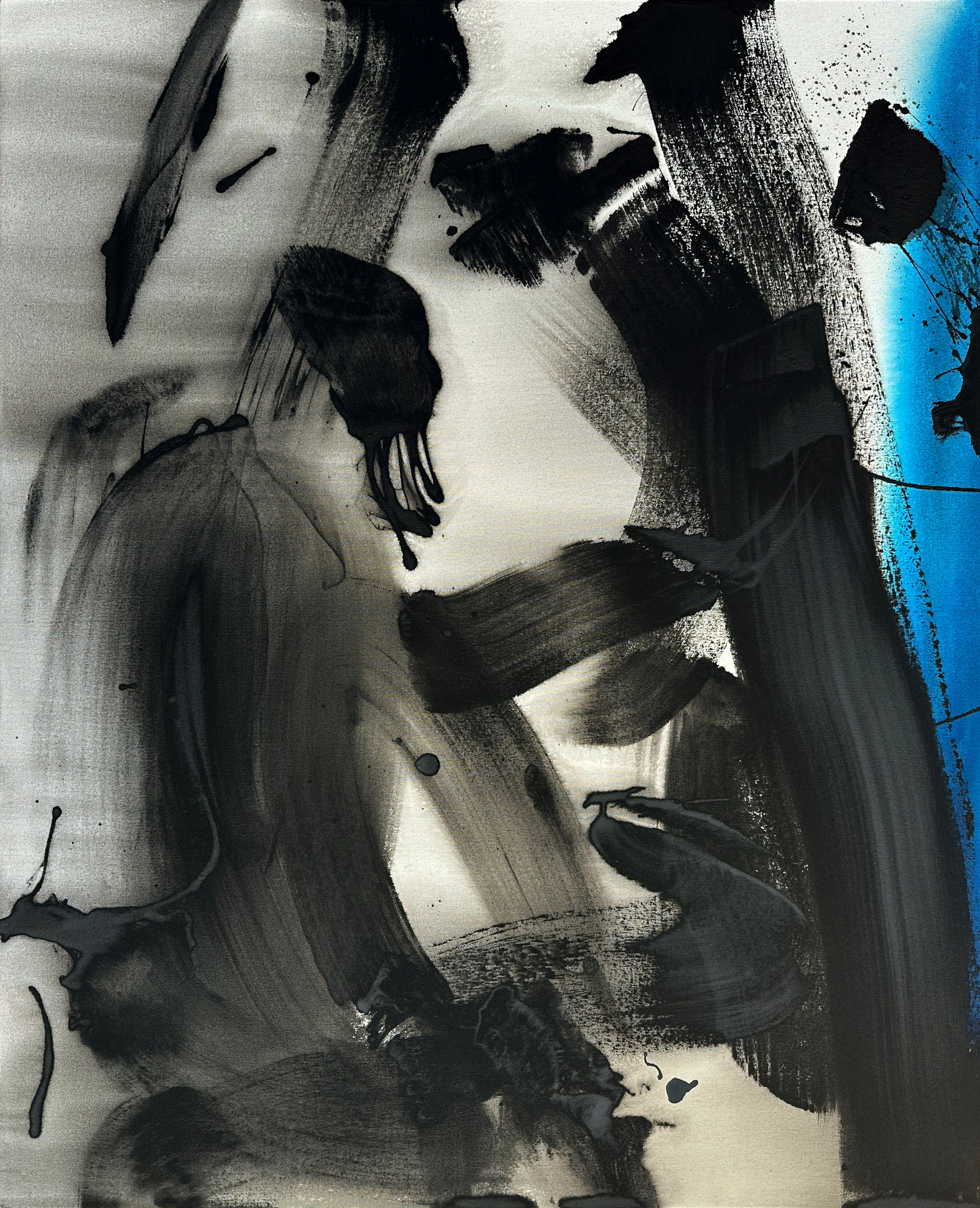 Abstract black and white painting with blue accents