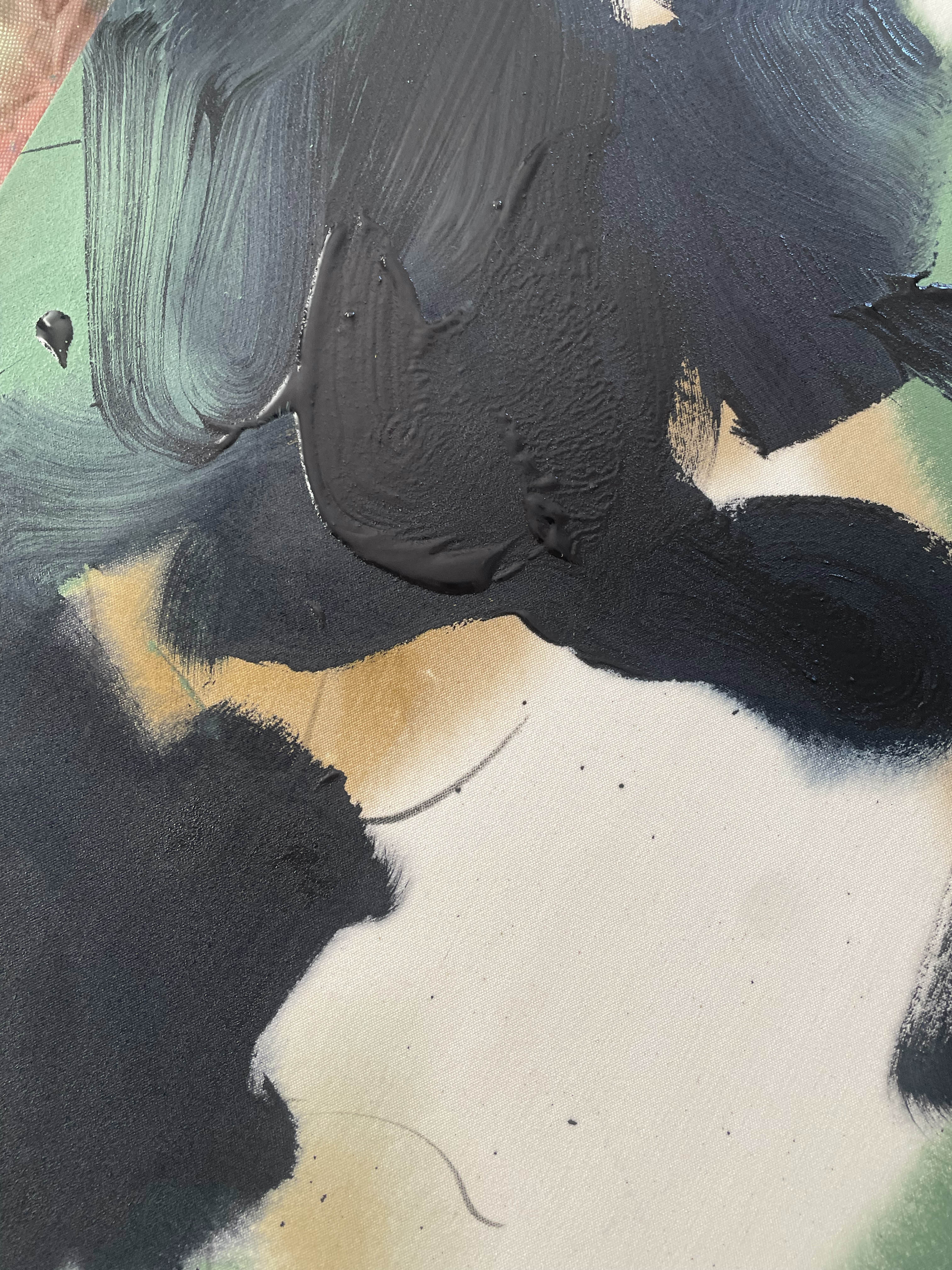 Detail of an abstract painting by Evgenia Makarova. Thick black brushwork over ochre and green on raw canvas.
