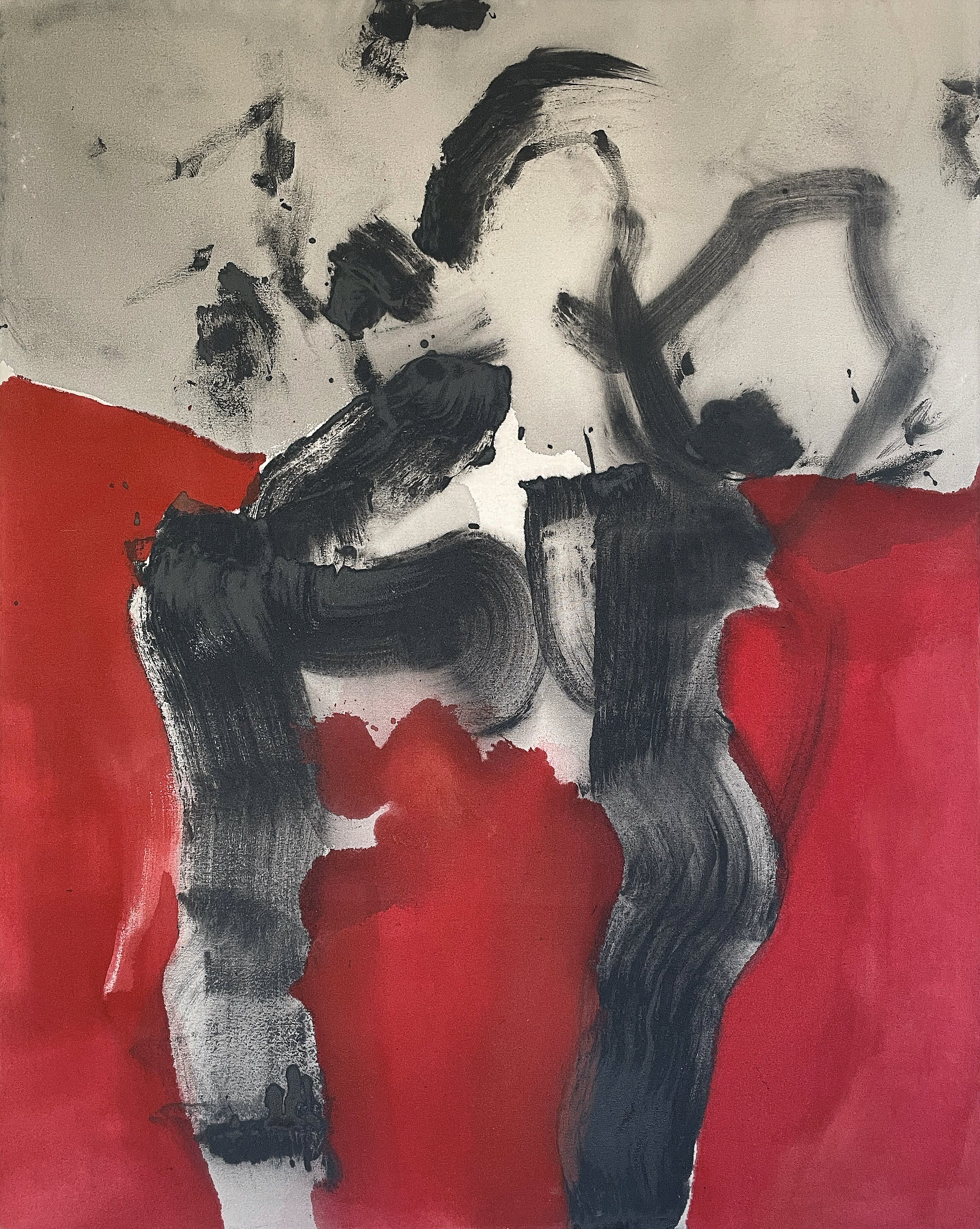 Red Ground, 2026. Oil and acrylic on raw canvas, 102 × 81 cm. Abstract painting by Evgenia Makarova.