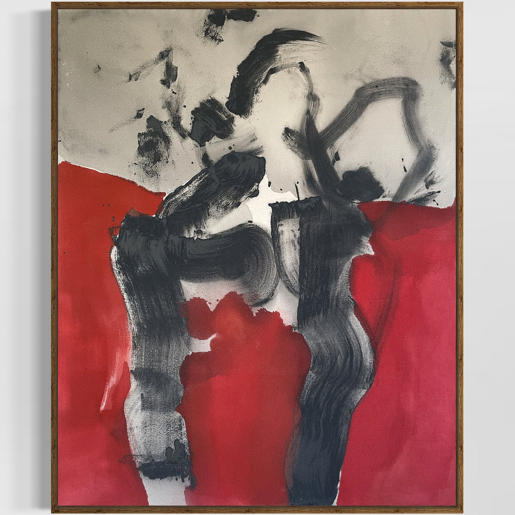 Red Ground, 2026. Oil and acrylic on raw canvas, 102 × 81 cm. Abstract painting by Evgenia Makarova.