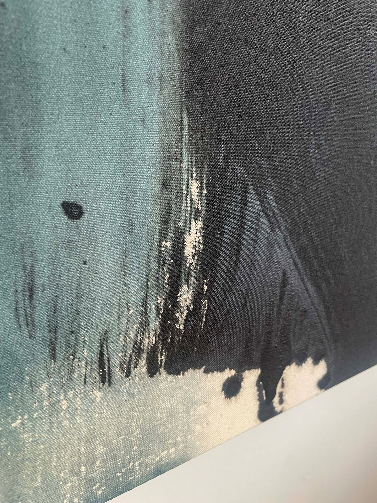 Shadow Plane, 2026. Acrylic on raw canvas, 102 × 81 cm. Large abstract painting in black and pale blue by Evgenia Makarova.