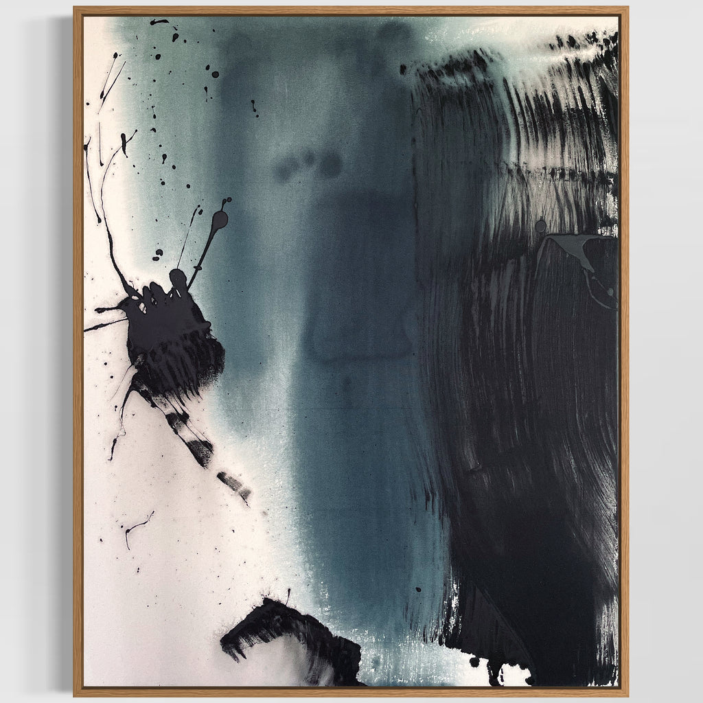 Shadow Plane, 2026. Acrylic on raw canvas, 102 × 81 cm, in frame. Abstract painting by Evgenia Makarova.